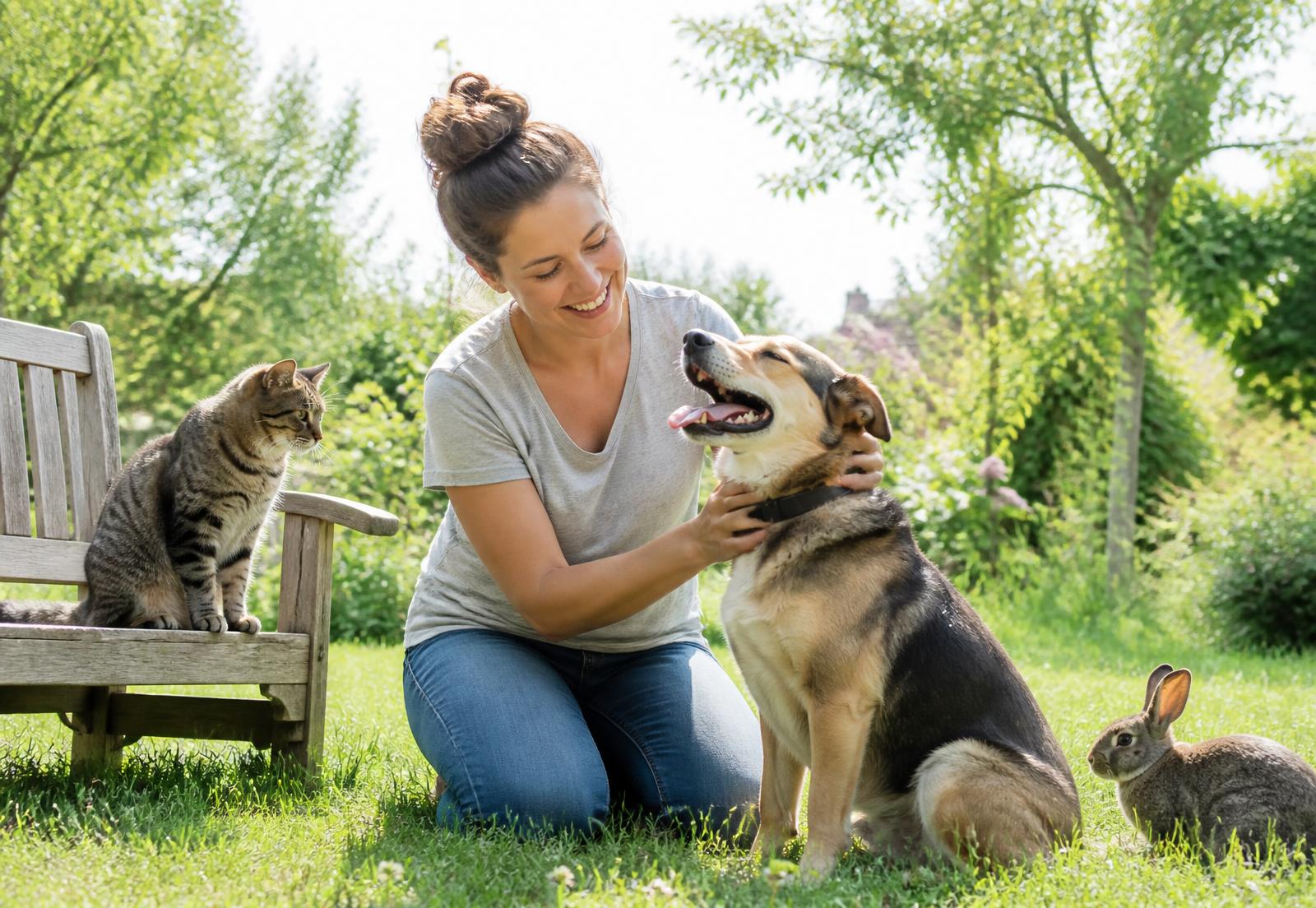 Vrouw aait een blije hond in de tuin, met een kat en een konijn ernaast.